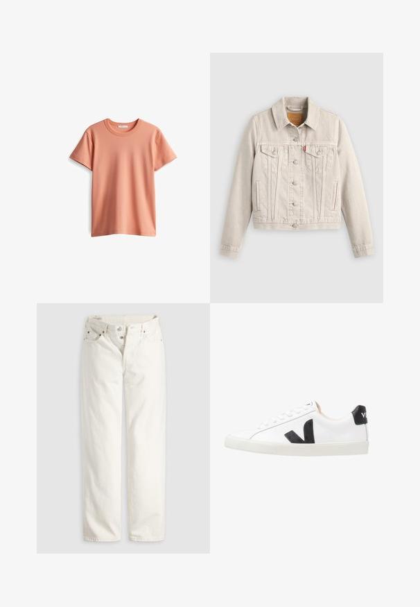 Lichtbeige spijkerjack met knoopsluiting, twee borstflapzakken, zijzakken en een klein rood label op de linker borstzak.; Korte mouwen T-shirt in licht perzikkleur, gemaakt van zachte katoen, met een klassieke ronde hals en een gladde, effen textuur.; Witte rechte jeans met hoge taille, knoopsluiting, voor- en achterzakken, en zichtbare koperen klinknagels op de hoeken van de zakken.; Witte sneaker met een zwart V-logo, voorzien van een gladleren bovenwerk, ronde neus, vetersluiting en een contrasterende zwarte hieltab.