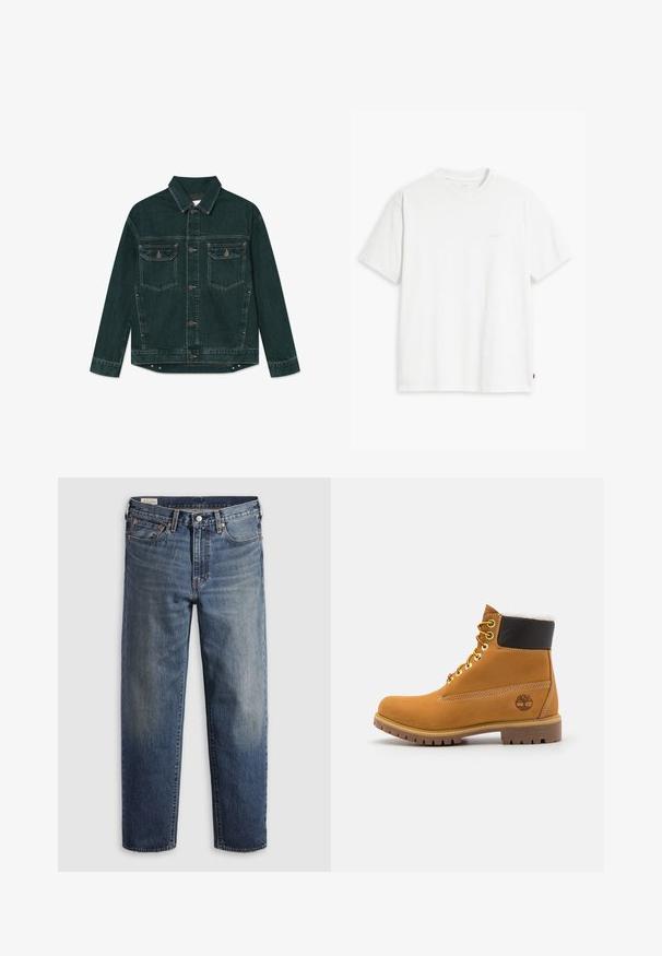 Donkergroene spijkerjas met knoopsluiting aan de voorkant, twee klepzakken op de borst en lange mouwen, plat neergelegd op een witte achtergrond.; Wit katoenen T-shirt met korte mouwen, ronde hals en een subtiel "Levi's" logo in een lichte kleur op de voorkant gedrukt.; Donkerblauwe spijkerbroek van denim met een losse pasvorm, rechte pijpen, vijf steekzakken en subtiele vervaging op de dijen. Zilveren knoop en klinknagels.; Bruine leren enkellaars met metalen oogjes, witte faux bont voering, zwarte gewatteerde kraag, robuuste zool en een reliëflogo aan de zijkant.