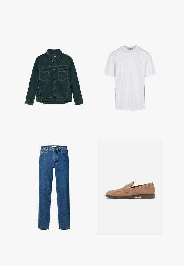 Chaqueta de mezclilla verde oscuro con cierre de botones, dos bolsillos en el pecho con solapa y mangas largas, extendida sobre un fondo blanco.; Camiseta blanca lisa de manga corta y cuello redondo con un ajuste relajado, mostrada sobre un fondo blanco.; Vaqueros azul de corte recto con cierre de botón y cremallera, trabillas para el cinturón y diseño de cinco bolsillos.; Mocasín de ante marrón claro para hombre, con tacón bajo, puntera redondeada y una tira decorativa cruzando la parte superior.