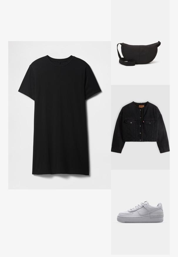 Sort cropped denimjakke med frontknapper, to brystlommer og blødt fleecefor synligt ved kraven og forkanterne.; Sort kortærmet t-shirt lavet af bomuld, med klassisk rund halsudskæring og en lige kant, med en glat, mat tekstur.; Grå Nike Air Force 1 sneakers med perforeret tå, glat læderoverdel, tyk sål og præget 'AIR' detalje på hælen.; Sort skuldertaske med en rund silhuet. Lavet af tekstureret stof, med lynlåslukning og et vævet bånd. Enkel, minimalistisk design.