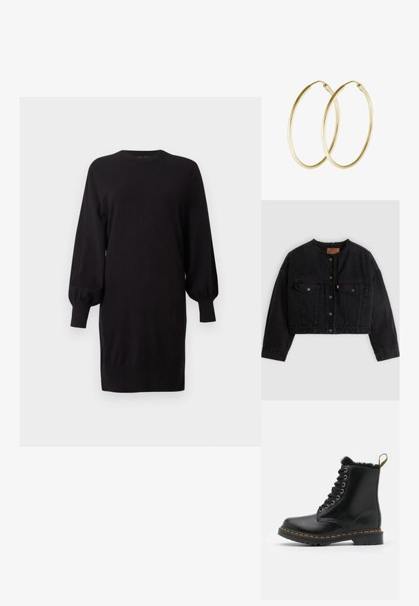 Sort cropped denimjakke med frontknapper, to brystlommer og blødt fleecefor synligt ved kraven og forkanterne.; Sort langærmet sweaterkjole med ballonærmer og ribstrikkede manchetter, rund halsudskæring og lige kant, vist på en ensfarvet baggrund.; Sorte læder ankelstøvler med rund tå, pelsfor, sølvøjer og gul syning langs sålen. Solid gummisål.; Guld hoops øreringe med et glat, rundt design og en blank finish. Letvægts konstruktion med en sikker låsemekanisme.