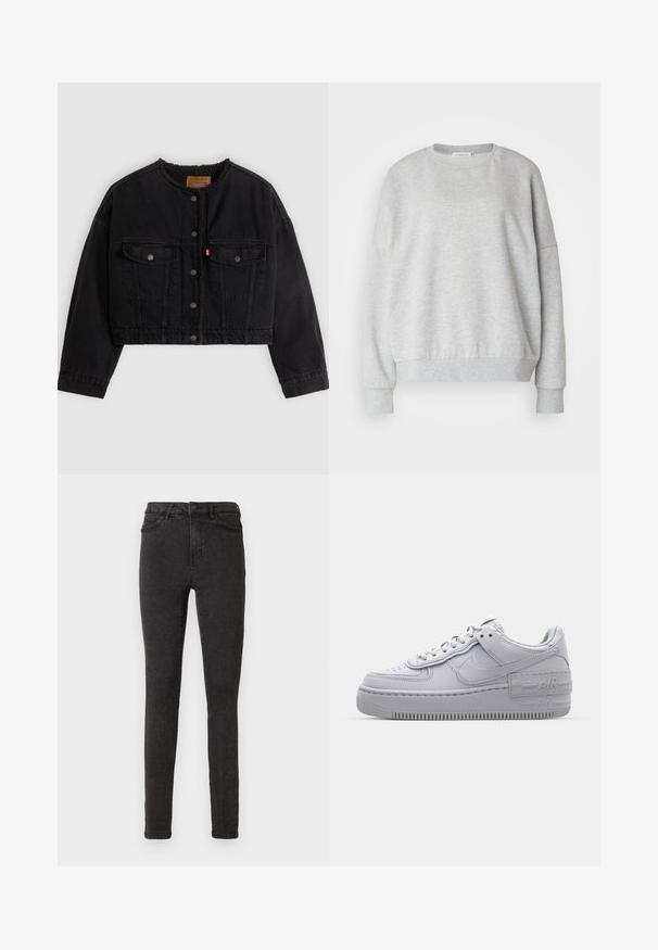 Veste courte en denim noir avec boutons pression à l'avant, deux poches poitrine et une doublure polaire douce visible au col et aux bords avant.; Sweatshirt gris clair en tissu doux, avec un col rond, des épaules tombantes et des poignets et un ourlet côtelés pour une coupe décontractée.; Jean skinny noir en denim, avec une taille haute, cinq poches et une texture subtile. Lavable en machine avec une braguette à fermeture éclair.; Basket en cuir lisse gris Nike Air Force 1 avec un bout perforé, une semelle épaisse et un détail 'AIR' en relief sur le talon.