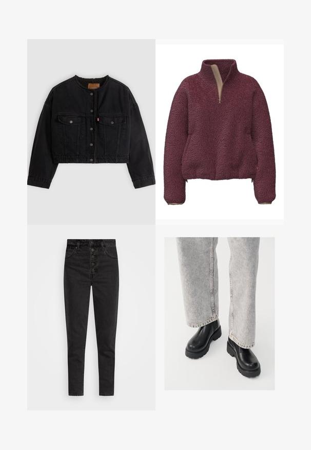 Veste courte en denim noir avec boutons pression à l'avant, deux poches poitrine et une doublure polaire douce visible au col et aux bords avant.; Pull-over en polaire bordeaux avec un col montant, une fermeture à glissière partielle sur le devant et des poignets élastiques. Texture douce et coupe décontractée avec poches latérales.; Jeans en denim noir taille haute avec une fermeture à bouton, cinq poches et une coupe slim. Texture lisse avec peu d'usure et sans ornements.; Vagabond COSMO - Bottines à plateau - black