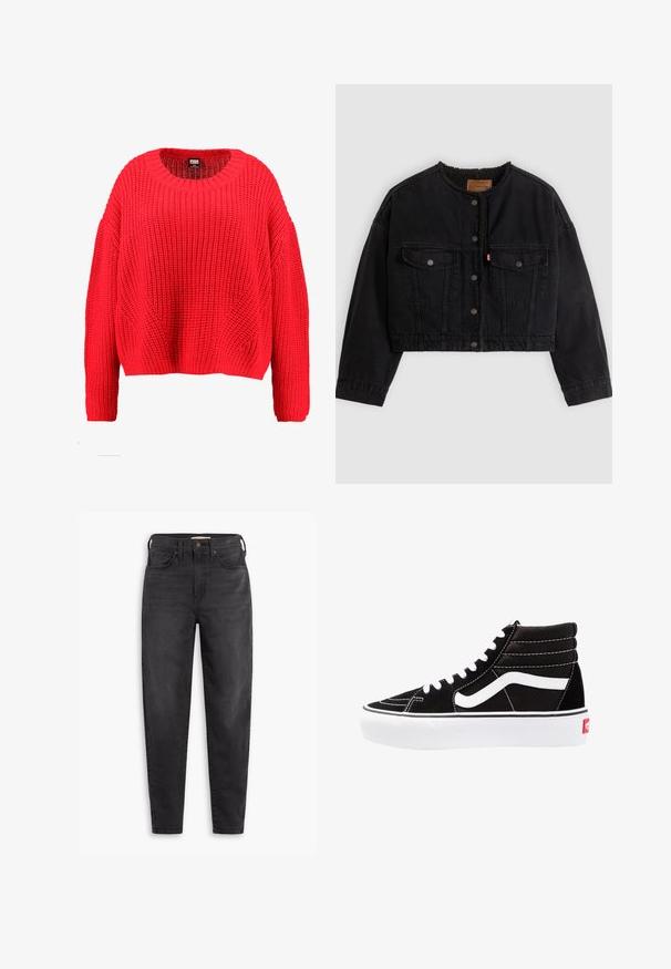 Veste courte en denim noir avec boutons pression à l'avant, deux poches poitrine et une doublure polaire douce visible au col et aux bords avant.; Pull rouge tricoté avec un col rond, des épaules tombantes et un ourlet côtelé. Présente un motif texturé et épais sur toute la surface.; Jean slim taille haute noir avec poches avant et arrière, fermeture à bouton et passants de ceinture, présentés sur un fond blanc.; Baskets montantes noires avec des lacets blancs, un logo blanc et des coutures blanches contrastées. Dotées d'une épaisse semelle blanche et d'un dessus en daim texturé.