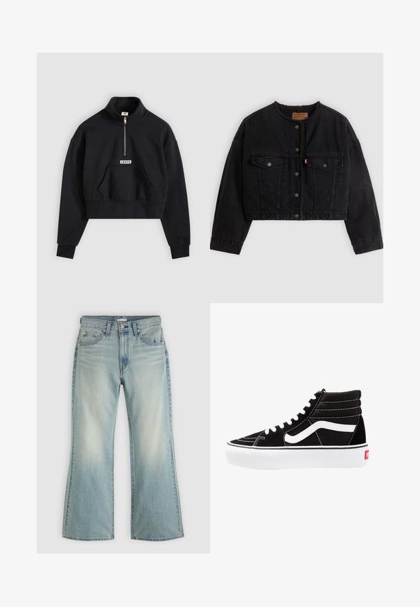 Veste courte en denim noir avec boutons pression à l'avant, deux poches poitrine et une doublure polaire douce visible au col et aux bords avant.; Sweatshirt noir court en mélange de coton. Comprend une demi-fermeture éclair, un col montant et une poche kangourou à l'avant avec une étiquette logo blanche.; Jean en denim bleu clair avec une taille haute, un bouton et une fermeture éclair à l'avant, cinq poches et des jambes légèrement évasées.; Baskets montantes noires avec des lacets blancs, un logo blanc et des coutures blanches contrastées. Dotées d'une épaisse semelle blanche et d'un dessus en daim texturé.