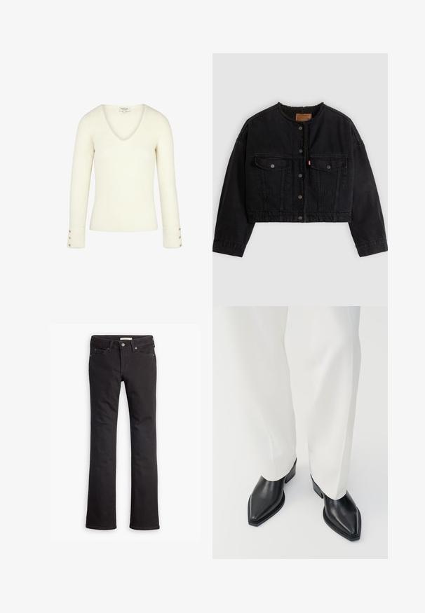 Veste courte en denim noir avec boutons pression à l'avant, deux poches poitrine et une doublure polaire douce visible au col et aux bords avant.; Pull blanc à col V côtelé avec manches longues et accents de boutons dorés sur les poignets. Texture douce et design ajusté.; Jean noir en denim, avec une coupe droite, taille standard, cinq poches et des détails de couture subtils.; Bottines noires à bout pointu en cuir lisse, avec des talons bas en bloc, associées à un pantalon large blanc. Design simple et moderne.