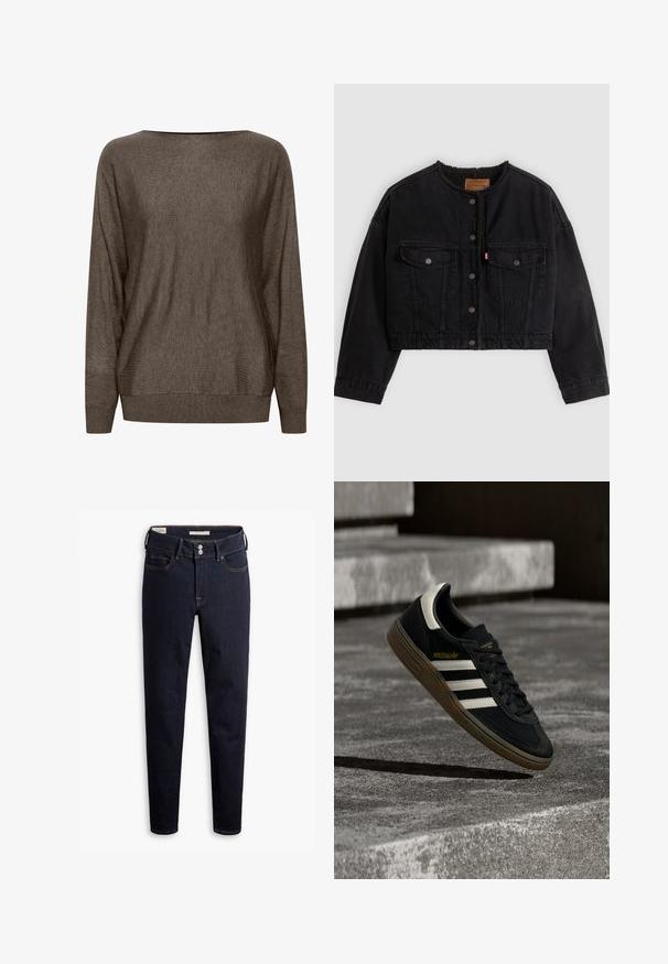 Sort cropped denimjakke med frontknapper, to brystlommer og blødt fleecefor synligt ved kraven og forkanterne.; Brun strikket sweater med bred halsudskæring, lange ærmer og ribbede manchetter og kant. Blød tekstur med minimal mønster.; Mørkeblå denimjeans med slim fit, der har to frontlommer, en møntlomme og to baglommer. Kontrastsyninger og metalknapper.; Sort Adidas-sneaker med hvide striber og gummisåler, svævende over grå betontrapper i naturligt lys.