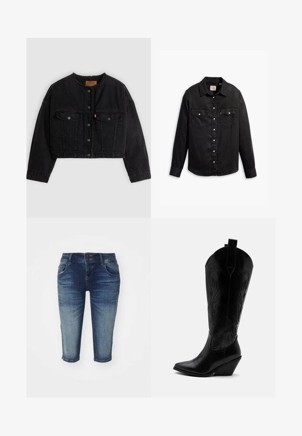 Veste courte en denim noir avec boutons pression à l'avant, deux poches poitrine et une doublure polaire douce visible au col et aux bords avant.; Chemise en denim noir à manches longues, fermeture à boutons, deux poches poitrine et col classique. Présente une surface texturée et des boutons blancs.; Bermudas en denim bleu foncé avec une finition délavée, comportant cinq poches, une fermeture à double bouton et un design à jambes droites.; Botte de cowboy en cuir noir avec bout pointu, talon bloc incliné, couture décorative et languettes en haut sur fond blanc.