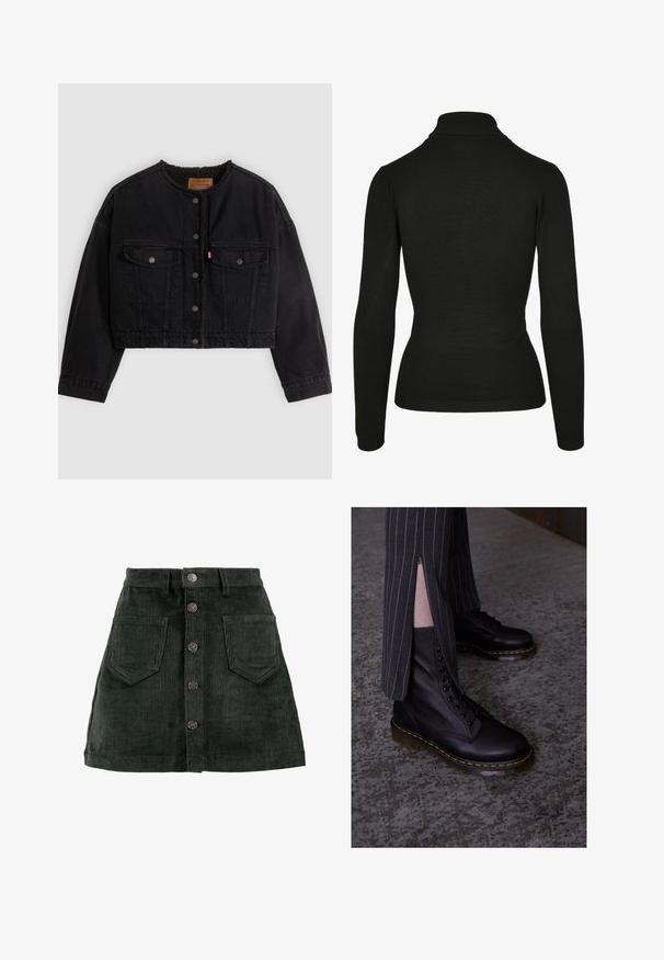 Sort cropped denimjakke med frontknapper, to brystlommer og blødt fleecefor synligt ved kraven og forkanterne.; Sort turtleneck sweater lavet af blødt stof, med lange ærmer, ribbet hals og en tætsiddende design med minimal detaljer.; ONLY ONLAMAZING GLOBAL - Mini skirts - green gables; Sorte læder snørebåndsstøvler med en struktureret overflade, gule syninger og en solid, gennemsigtig sål. Samlet med stribede bukser med lynlåse.