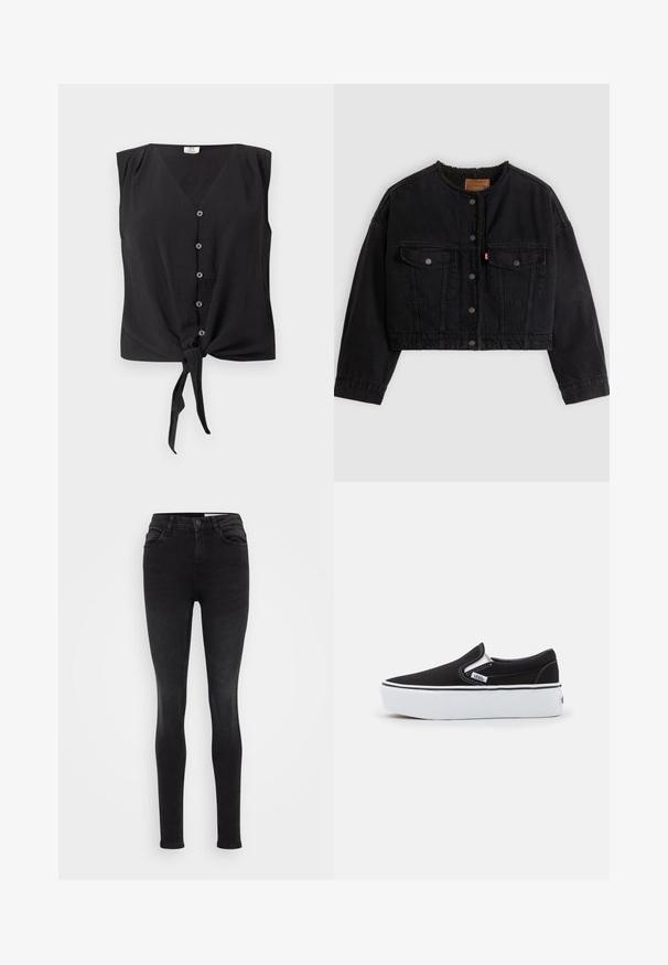 Sort cropped denimjakke med frontknapper, to brystlommer og blødt fleecefor synligt ved kraven og forkanterne.; Ærmeløs sort bluse med knapper, V-hals og bindeknop foran ved kanten.; Sorte skinny jeans lavet af denim, med et klassisk fem-lomme design, syede sømme og høj talje. Glat tekstur og tætsiddende pasform.; Sorte canvas slip-on sko med en hvid gummi sål, der har elastiske sidelåg og kontrasterende syninger. Brandlogo synligt på siden.