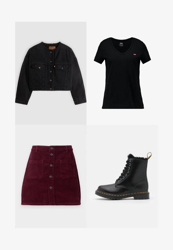 Zwarte korte spijkerjas met drukknoopsluiting aan de voorkant, twee borstzakken en een zachte fleece voering zichtbaar bij de kraag en voorranden.; Zwart katoenen V-hals T-shirt met korte mouwen, met een klein rood Levi's-logo op de linkerkant van de borst en een gladde textuur.; Bordeaux corduroy rok met een hoge taille, vijf knopen aan de voorkant en twee zakken aan de voorkant; stoffen met textuur en verticale ribbels.; Zwarte leren enkellaarsjes met een ronde neus, bontvoering, zilveren oogjes en gele stiksels langs de loopzool. Stevige rubberen zool.