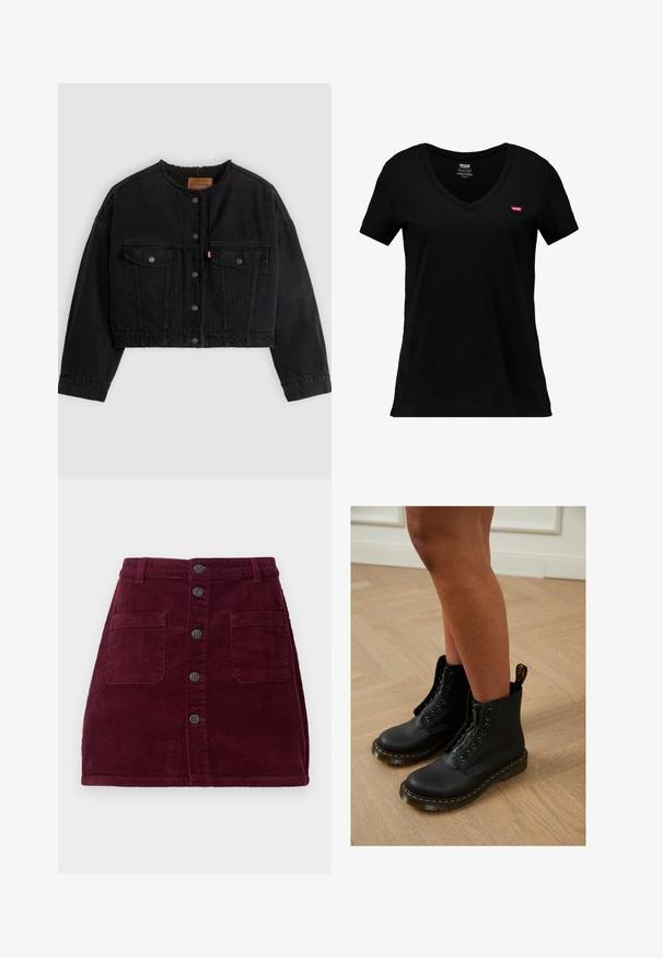 Sort cropped denimjakke med frontknapper, to brystlommer og blødt fleecefor synligt ved kraven og forkanterne.; Sort bomulds V-hals t-shirt med korte ærmer, der har et lille rødt Levi's logo på venstre brystområde og en glat tekstur.; Burgunderfarvet kordfløjlsskjorte med høj talje, fem frontknapper og to forlommer; tekstureret stof med lodret ribbede mønster.; Sorte læder ankelstøvler med lynlås og snøredesign, der har gule stikninger og en tyk, struktureret sål.