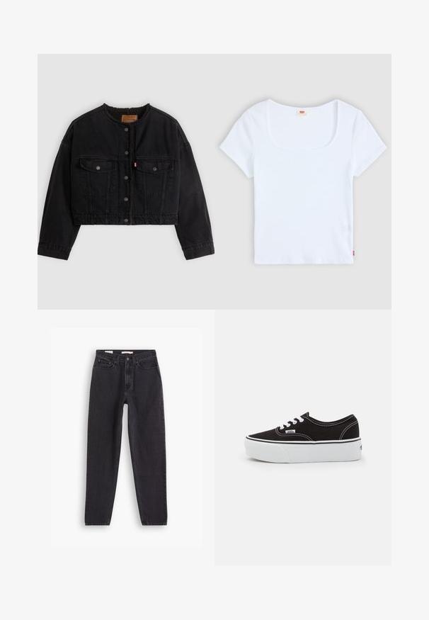 Schwarze kurze Jeansjacke mit vorderen Druckknöpfen, zwei Brusttaschen und weichem Fleecefutter, das am Kragen und an den vorderen Kanten sichtbar ist.; Weiße kurzärmelige Bluse mit quadratischem Ausschnitt, aus geripptem Stoff. Mit einem kleinen roten Logoschild auf der unteren linken Seite.; Schwarze Denim-Jeans mit geradem Bein, ausgestattet mit fünf Taschen, vorderer Knopfleiste und genähten Details entlang der Nähte.; Schwarze Leinensneaker mit einer weißen Gummiplattformsohle, weißen Schnürsenkeln und Nähten, ikonischer Markenaufdruck an der Seite, im Low-Top-Design.