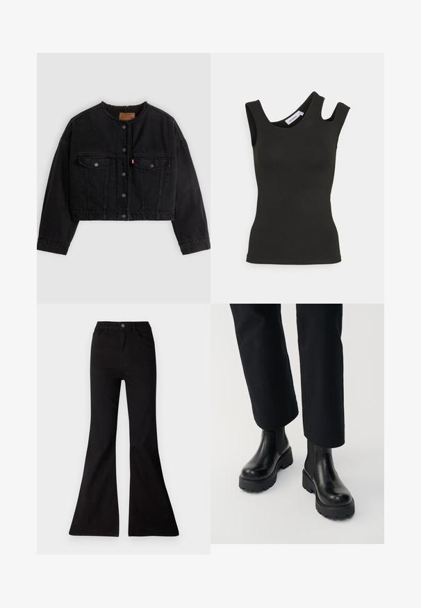 Sort cropped denimjakke med frontknapper, to brystlommer og blødt fleecefor synligt ved kraven og forkanterne.; Weekday ZARI ASSYMETRIC - Top - black; Sorte flared jeans lavet af denim, med høj talje, forlommer og en stor åbning ved kanten for en vid benlængde.; Person iført sorte læderankelstøvler med chunky sål kombineret med sorte straight-leg bukser på hvid baggrund.