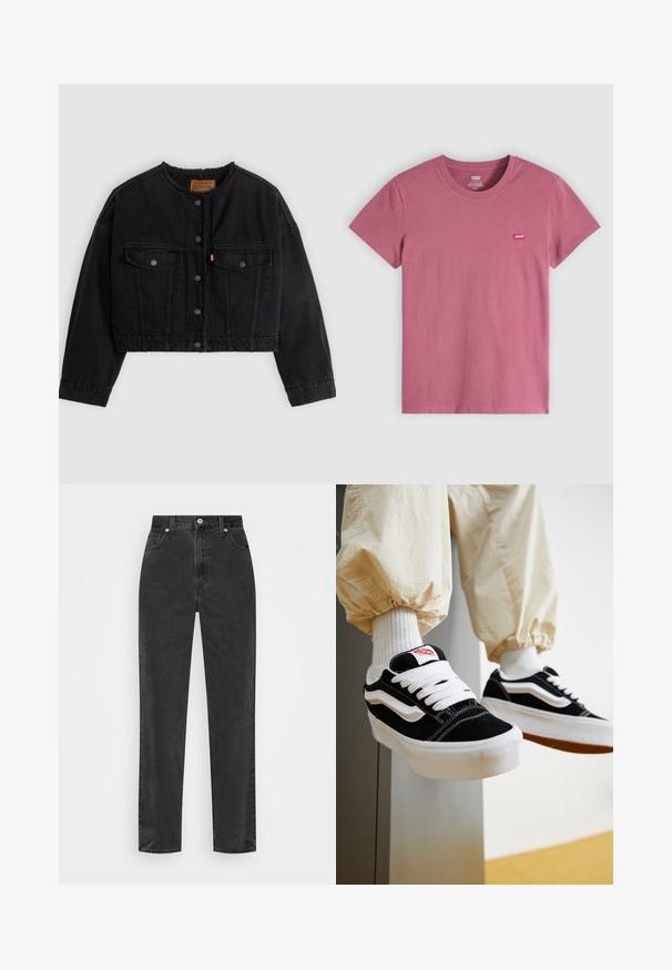 Sort cropped denimjakke med frontknapper, to brystlommer og blødt fleecefor synligt ved kraven og forkanterne.; Lyserød T-shirt i bomuld med rund hals. Har korte ærmer og et lille rødt Levi's-logo på venstre bryst. Glat tekstur.; Sorte denim jeans med lige ben, høj talje, foran knap og lynlås, samt fem-lomme stil på en hvid baggrund.; Person iført sorte og hvide Vans sneakers med hvide snørebånd, hvide sokker og beige bukser med elastiske manchetter.
