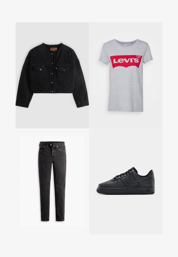Sort cropped denimjakke med frontknapper, to brystlommer og blødt fleecefor synligt ved kraven og forkanterne.; Grå bomulds t-shirt med et stort rødt Levi's-logo på tværs af brystet, med en klassisk rund halsudskæring og korte ærmer.; Sorte denim jeans med lige ben, der har fem lommer, kobberhardware og en let slidte måde.; Sorte lædersneakers med perforeret tåboks, flade snørebånd og gummisål. Har et lille logo på siden og tekstureret detaljering.