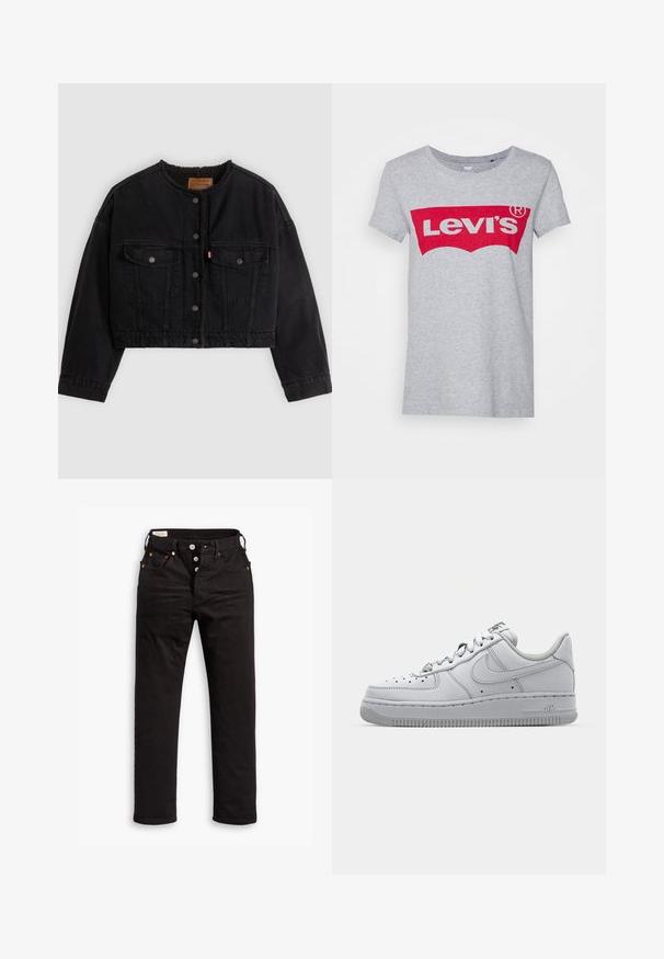 Zwarte korte spijkerjas met drukknoopsluiting aan de voorkant, twee borstzakken en een zachte fleece voering zichtbaar bij de kraag en voorranden.; Grijze katoen t-shirt met een groot rood Levi's logo over de borst, met een klassieke ronde hals en korte mouwen.; Zwarte rechtlopende jeans met knoopsluiting, voor- en achterzakken, en koperen klinknagels op een witte achtergrond.; Witte leren sneaker met een low-top ontwerp, ronde neus, geperforeerde details en een getextureerde rubberen zool. Heeft grijze accenten op de tong.