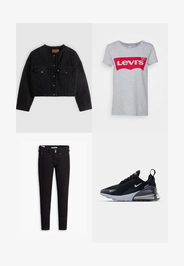 Sort cropped denimjakke med frontknapper, to brystlommer og blødt fleecefor synligt ved kraven og forkanterne.; Grå bomulds t-shirt med et stort rødt Levi's-logo på tværs af brystet, med en klassisk rund halsudskæring og korte ærmer.; Sorte denim jeans med slim fit, der har knaplukning, fem lommer og diskrete syninger. Glat tekstur og holdbart materiale.; Sort atletiske sneakers med en mesh-overdel, der har et hvidt swoosh-logo, synlig Air-enhed og en tekstureret ydersål. Detaljer inkluderer en bageste trækstrop.