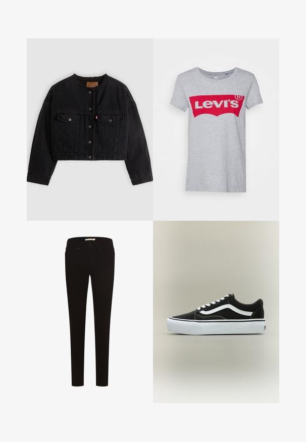 Sort cropped denimjakke med frontknapper, to brystlommer og blødt fleecefor synligt ved kraven og forkanterne.; Grå bomulds t-shirt med et stort rødt Levi's-logo på tværs af brystet, med en klassisk rund halsudskæring og korte ærmer.; Sorte skinny jeans lavet af strækstof, med et klassisk fem-lomme design, knaplukning og bælteløkker. Glat tekstur hele vejen igennem.; Lavtop sort sneaker med hvid side stribe, hvide snørebånd, hvid gummisål og tekstureret tåhætte på neutral baggrund.