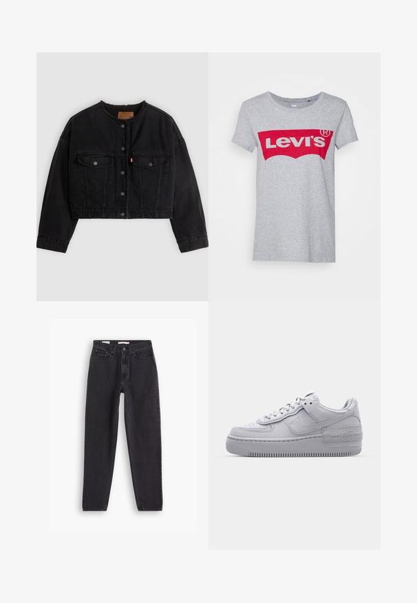 Sort cropped denimjakke med frontknapper, to brystlommer og blødt fleecefor synligt ved kraven og forkanterne.; Grå bomulds t-shirt med et stort rødt Levi's-logo på tværs af brystet, med en klassisk rund halsudskæring og korte ærmer.; Sorte denim jeans med lige ben-design, der har fem lommer, lukning med knap foran og syninger langs sømmene.; Grå Nike Air Force 1 sneakers med perforeret tå, glat læderoverdel, tyk sål og præget 'AIR' detalje på hælen.