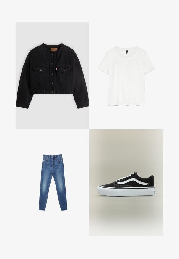 Schwarze kurze Jeansjacke mit vorderen Druckknöpfen, zwei Brusttaschen und weichem Fleecefutter, das am Kragen und an den vorderen Kanten sichtbar ist.; Weißes T-Shirt mit kurzen Ärmeln und rundem Ausschnitt, hergestellt aus leichtem Stoff. Schlichtes Design, glatte Textur und gerader Saum.; Blaue, hoch taillierte, schmal geschnittene Jeans aus Denim mit Taschen vorne und hinten, Knopfverschluss sowie dezenten Verwaschungen an Oberschenkeln und Knien.; Niedriger schwarzer Sneaker mit weißem Seitenstreifen, weißen Schnürsenkeln, weißer Gummisohle und strukturierter Zehenkappe auf neutralem Hintergrund.