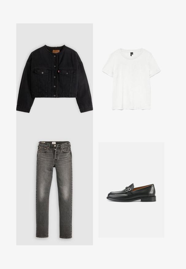 Schwarze kurze Jeansjacke mit vorderen Druckknöpfen, zwei Brusttaschen und weichem Fleecefutter, das am Kragen und an den vorderen Kanten sichtbar ist.; Weißes T-Shirt mit kurzen Ärmeln und rundem Ausschnitt, hergestellt aus leichtem Stoff. Schlichtes Design, glatte Textur und gerader Saum.; Graue Jeans aus Denim mit geradem Bein, mit beschädigter Textur, subtilen Verwaschungen, kupfernen Nieten und einem klassischen Knopfverschluss.; Schwarze Leder-Loafer mit gestepptem Design, ausgestattet mit einer doppelten Schnallendekoration und einem leicht erhöhten Absatz für zusätzlichen Halt.