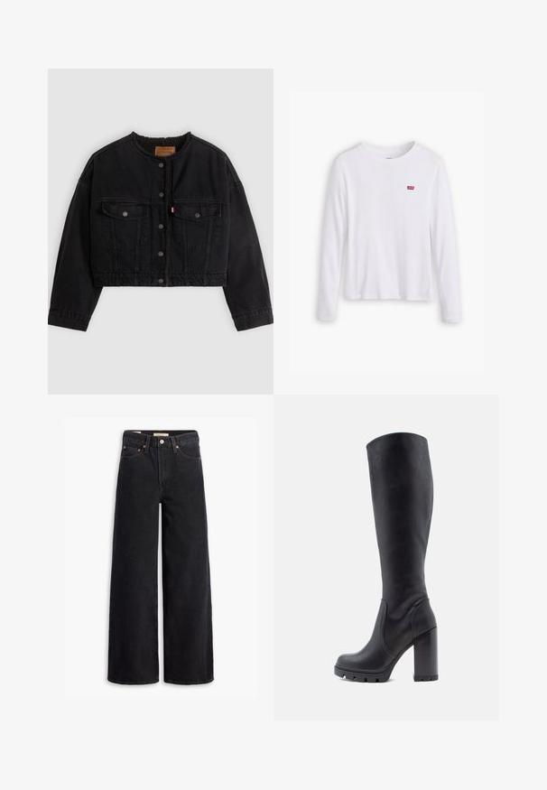Veste courte en denim noir avec boutons pression à l'avant, deux poches poitrine et une doublure polaire douce visible au col et aux bords avant.; Chemise blanche à manches longues en coton doux. Présente un petit logo rouge Levi's sur la poitrine gauche. Design classique à col rond.; Jean noir à jambe large en denim, comportant cinq poches, des rivets en laiton et une fermeture à bouton classique. Texture lisse avec un design épuré.; Botte noire montante, en cuir lisse, avec un talon épais, un bout rond, une semelle texturée avec adhérence, au design élégant sans embellissements.