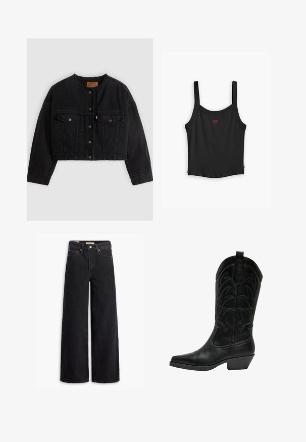 Veste courte en denim noir avec boutons pression à l'avant, deux poches poitrine et une doublure polaire douce visible au col et aux bords avant.; Débardeur noir à côtes avec des fines bretelles, arborant un petit logo rouge Levi's au centre devant et un ourlet droit.; Jean noir à jambe large en denim, comportant cinq poches, des rivets en laiton et une fermeture à bouton classique. Texture lisse avec un design épuré.; Botte de cowboy en cuir noir avec un bout pointu, un talon empilé et des coutures décoratives sur la tige. Texture lisse avec une finition mate.