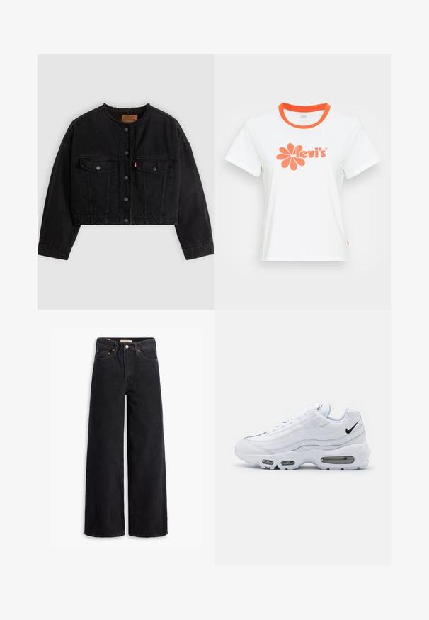 Zwarte korte spijkerjas met drukknoopsluiting aan de voorkant, twee borstzakken en een zachte fleece voering zichtbaar bij de kraag en voorranden.; Witte katoenen T-shirt met een ronde oranje kraag, voorzien van een grote oranje bloemenafbeelding en de tekst "Levi's" gedrukt op de voorkant.; Zwarte brede jeans gemaakt van denim, met vijf zakken, koperen klinknagels en een klassieke knoopsluiting. Glad van textuur met een strakke uitstraling.; Nike Sportswear AIR MAX 95 - Sneakers laag - white/black