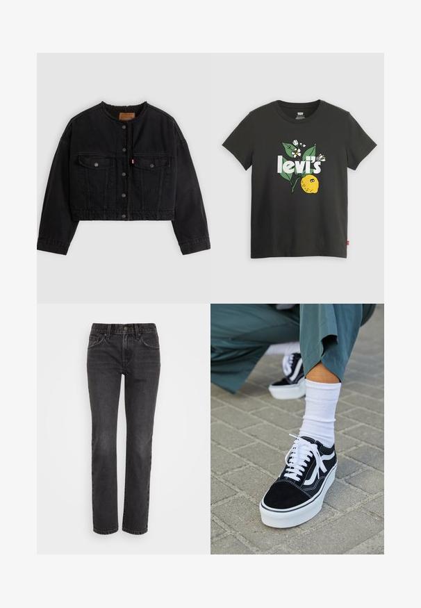 Zwarte korte spijkerjas met drukknoopsluiting aan de voorkant, twee borstzakken en een zachte fleece voering zichtbaar bij de kraag en voorranden.; Zwarte katoenen T-shirt met een citroenen graphic, witte tekst met "levi's" en bloemenaccenten in groen en wit. Korte mouwen, ronde hals.; Zwarte denim jeans met een recht model, voorzien van een klassiek vijf-pocket ontwerp, een ritssluiting en contrasterende stiksels langs de naden.; Zwarte suède sneaker met witte accenten en veters, uitgerust met een dikke witte zool en contrasterende stiksels, gecombineerd met een witte sok.