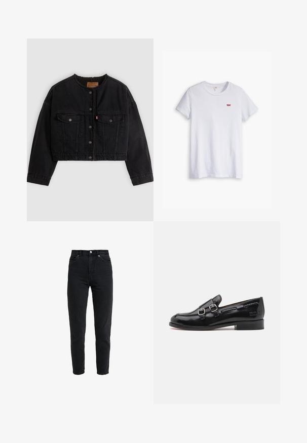 Sort cropped denimjakke med frontknapper, to brystlommer og blødt fleecefor synligt ved kraven og forkanterne.; Hvid bomulds t-shirt med korte ærmer og rund halsudskæring. Har et lille rødt Levi's-logo på venstre brystområde.; High-waist sort denim jeans med forreste knap og lynlås, to forlommer og en tilspidset ben foran på en hvid baggrund.; Sort laker af patentlæder med dobbelt sølvspændeaccent, let afrundet tå og en lav stablet hæl. Tekstureret sømdetalje langs overdelen.