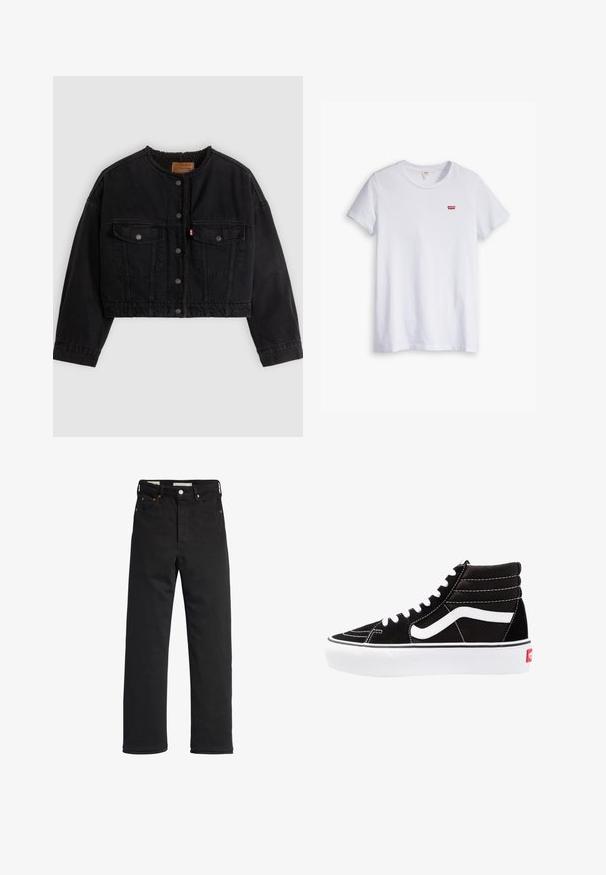 Schwarze kurze Jeansjacke mit vorderen Druckknöpfen, zwei Brusttaschen und weichem Fleecefutter, das am Kragen und an den vorderen Kanten sichtbar ist.; Weißes Baumwoll-T-Shirt mit kurzen Ärmeln und rundem Ausschnitt. Besitzt ein kleines rotes Levi's-Logo auf der linken Brustseite.; Schwarze Denim-Jeans mit geradem Bein, hoher Taille, fünf Taschen, Metallknopfverschluss und minimalen Stitching-Details.; Schwarze High-Top-Sneaker mit weißen Schnürsenkeln, einem weißen Logo und kontrastierendem weißen Nähten. Verfügt über eine dicke weiße Sohle und ein strukturiertes Wildleder-Obermaterial.