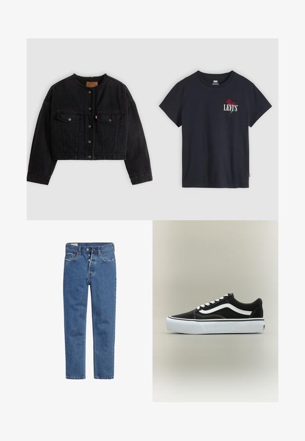 Zwarte korte spijkerjas met drukknoopsluiting aan de voorkant, twee borstzakken en een zachte fleece voering zichtbaar bij de kraag en voorranden.; Zwarte T-shirt met korte mouwen en een ronde hals, met witte tekst ""LEVI'S"" en twee rode rozen geborduurd op de linkerborst.; Blauwe denim jeans met een high-waisted ontwerp, vijf knopen sluiting en rechte pijpen. De stof heeft een gestructureerde, licht vervaagde afwerking.; Lage zwarte sneaker met witte zijstreep, witte veters, witte rubberen zool en gestructureerde neus op een neutrale achtergrond.
