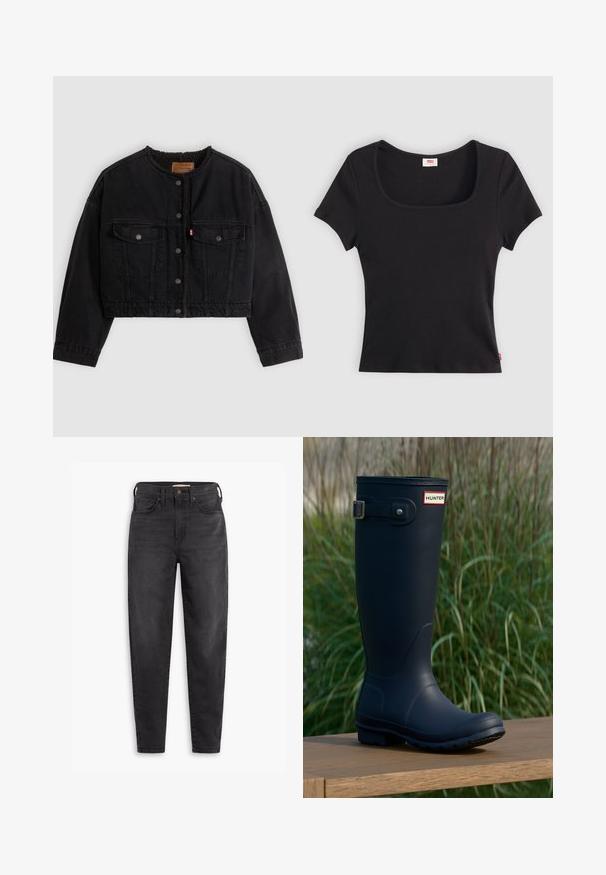 Zwarte korte spijkerjas met drukknoopsluiting aan de voorkant, twee borstzakken en een zachte fleece voering zichtbaar bij de kraag en voorranden.; Zwarte top met korte mouwen van ribstof, met een brede vierkante halslijn en een aansluitende pasvorm, voorzien van een klein rood logo-label aan de onderrand.; Zwarte hoog-taille slim-fit jeans met voor- en achterzakken, knoopsluiting en riemlussen, weergegeven op een witte achtergrond.; Marine rubber regenlaars met een ronde neus, gestructureerd oppervlak, verstelbare gesp detail en Hunter logo nabij de bovenkant. Stabiele profielzool.