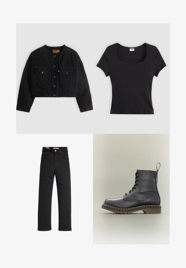 Sort cropped denimjakke med frontknapper, to brystlommer og blødt fleecefor synligt ved kraven og forkanterne.; Sort kortærmet top lavet af ribbet stof, med en bred firkantet udkæring og en tætsiddende pasform, udstyret med et lille rødt logo-tag nederst.; Sorte denim jeans med lige ben, der har en høj talje, fem-lomme design, metal knaplukning og minimale syninger.; Sort læderkampstøvle med 8 snørehuller, gummisål, gul syning og en træksløjfe bagpå. Har en struktureret overdel.