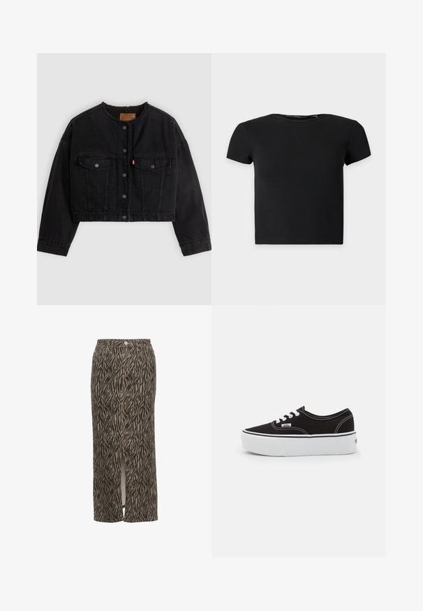 Sort cropped denimjakke med frontknapper, to brystlommer og blødt fleecefor synligt ved kraven og forkanterne.; Sort kortærmet ribbet crop top med rund halsudskæring, vist på en ensfarvet lys baggrund.; Kaffe KALEONDRA - Maxinederdele - feather gray black animal; Sort lærred sneakers med en hvid gummi platform sål, der har hvide snørebånd og syninger, ikonisk branding på siden, lav-top design.