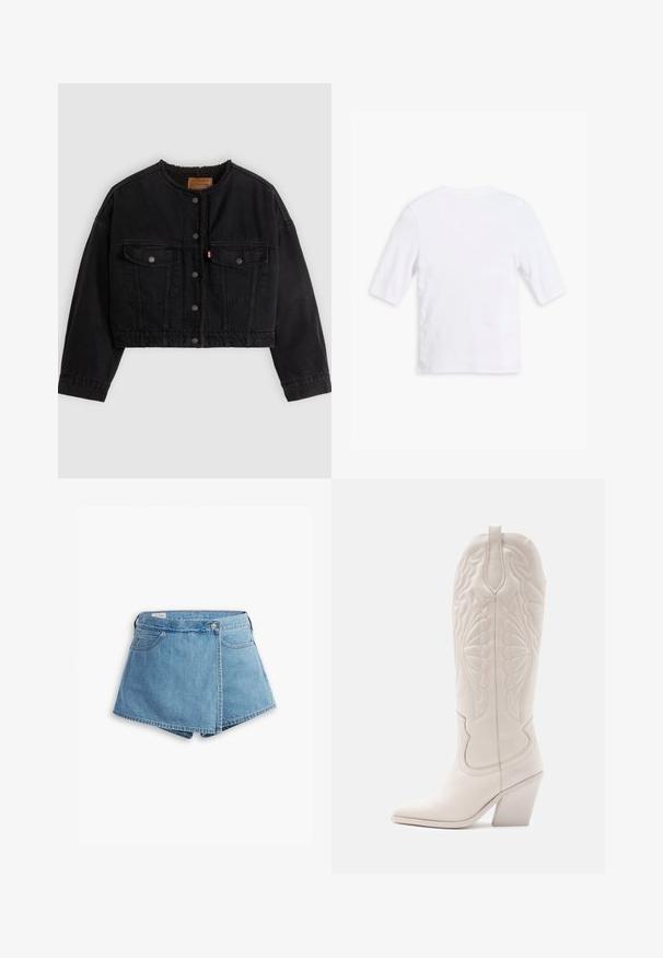 Zwarte korte spijkerjas met drukknoopsluiting aan de voorkant, twee borstzakken en een zachte fleece voering zichtbaar bij de kraag en voorranden.; Witte katoen t-shirt met korte mouwen, ronde halslijn en een gladde textuur. Geen zichtbare patronen of versieringen.; Lichtblauwe denimshorts met een wikkelontwerp, verstelbare zakken aan de voorkant en een metalen knoopsluiting. Soepele textuur met gestikte randen.; Witte leren cowboylaars met een spitse neus en een vierkante hak. Heeft ingewikkelde stikpatronen op de schacht en een soepele textuur.