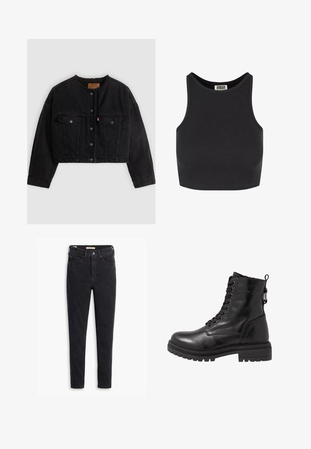 Veste courte en denim noir avec boutons pression à l'avant, deux poches poitrine et une doublure polaire douce visible au col et aux bords avant.; Crop top noir côtelé avec un design sans manches. Caractérisé par un col rond et une texture lisse. Étiquette visible à l'intérieur du col.; Jean en denim noir caractérisé par une taille haute, une coupe slim et des détails de couture minimalistes. Le tissu présente une légère texture avec une finition lisse.; Bottine en cuir noir avec bout arrondi, devant à lacets et semelle en caoutchouc texturé. Comprend une languette au dos et des coutures renforcées.