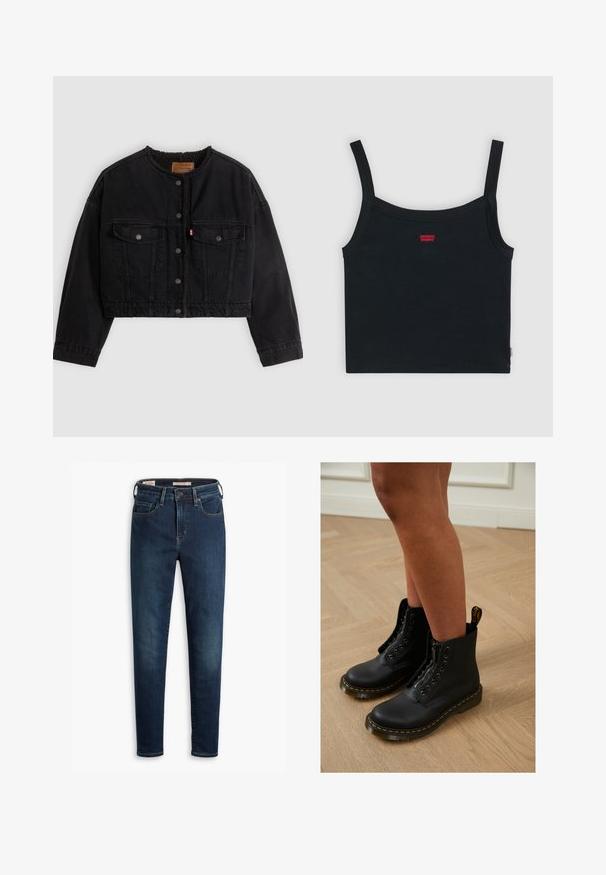 Veste courte en denim noir avec boutons pression à l'avant, deux poches poitrine et une doublure polaire douce visible au col et aux bords avant.; Top court côtelé noir avec fines bretelles et petit logo rouge Levi's au centre devant.; Jean en denim bleu foncé avec une coupe slim, comportant cinq poches, une fermeture à bouton standard et un léger effet délavé à l'avant.; Bottines en cuir noir avec fermeture éclair et design à lacets, arborant des coutures jaunes et une semelle épaisse et texturée.