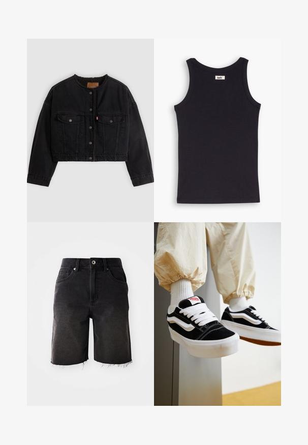 Sort cropped denimjakke med frontknapper, to brystlommer og blødt fleecefor synligt ved kraven og forkanterne.; Sort tanktop lavet af ribbet stof, med en rund halsudskæring og et lille mærke på bagsiden. Glat tekstur og tætsiddende design.; Sorte denimshorts med en falmet vask, frynset kant, klassisk fem-lommer design og enkelt knaplukning. Tykke syninger som accentuerer hele shortsene.; Person iført sorte og hvide Vans sneakers med hvide snørebånd, hvide sokker og beige bukser med elastiske manchetter.