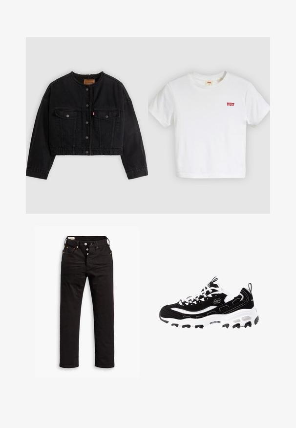 Zwarte korte spijkerjas met drukknoopsluiting aan de voorkant, twee borstzakken en een zachte fleece voering zichtbaar bij de kraag en voorranden.; Witte T-shirt met korte mouwen en ronde hals met klein rood Levi's-logo op de linkerborst.; Zwarte rechtlopende jeans met knoopsluiting, voor- en achterzakken, en koperen klinknagels op een witte achtergrond.; Zwart-witte sportwagen met een bovenwerk van suede, gevoerde kraag en een lichte zool. Heeft een prominent logo en contrasterende stiksels.