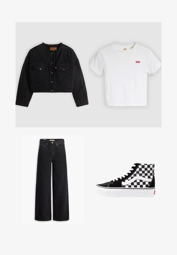 Sort cropped denimjakke med frontknapper, to brystlommer og blødt fleecefor synligt ved kraven og forkanterne.; Hvid T-shirt med korte ærmer og rund halsudskæring med lille rødt Levi's-logo på venstre bryst.; Sorte brede benjeans lavet af denim, med fem lommer, kobbernitter og en klassisk knaplukning. Glat tekstur med et rent design.; Sorte og hvide høje sneakers med ternet mønster, overdel i ruskind, kontrasterende hvide snørebånd og en hvid gummisål med rødt logo.