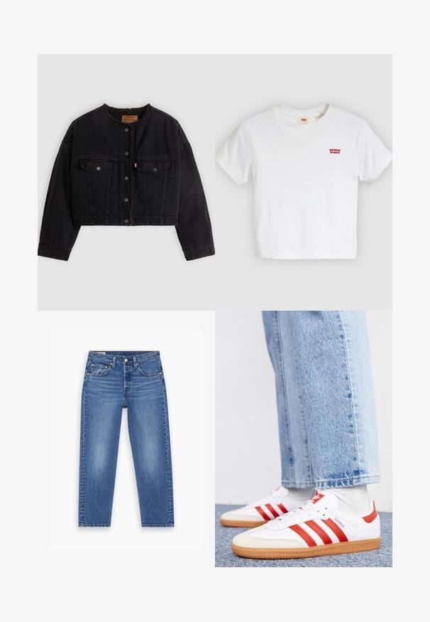 Zwarte korte spijkerjas met drukknoopsluiting aan de voorkant, twee borstzakken en een zachte fleece voering zichtbaar bij de kraag en voorranden.; Witte T-shirt met korte mouwen en ronde hals met klein rood Levi's-logo op de linkerborst.; Blauwe hoge taille straight-leg jeans met een knoop aan de voorkant, rits en vijf zakken, plat weergegeven op een witte achtergrond.; Witte leren sneakers met rode strepen en accenten. Voorzien van een getextureerde gumrubberen outsole en een gevoerde kraag. Draag ze met lichtblauwe denim.