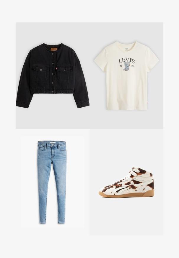 Sort cropped denimjakke med frontknapper, to brystlommer og blødt fleecefor synligt ved kraven og forkanterne.; Hvid Levi's t-shirt med kortærmet og grafik af blå cowboystøvler samt "LEVI'S 1873" trykt på brystet.; Lyseblå super skinny jeans med frontknap og lynlås, bæltestropper og fem lommers design.; High-top sneaker med brun og hvid ko-mønstret, to hvide velcroremme, hvide sidelister og gummisål.