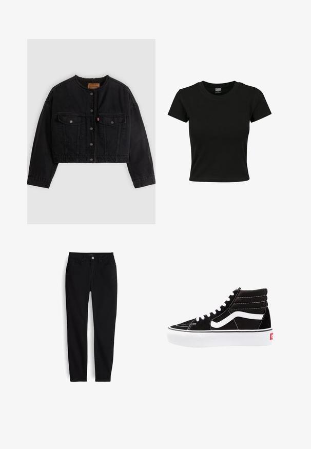 Schwarze kurze Jeansjacke mit vorderen Druckknöpfen, zwei Brusttaschen und weichem Fleecefutter, das am Kragen und an den vorderen Kanten sichtbar ist.; Schwarzes Kurzarm-T-Shirt aus glattem Baumwollmaterial mit rundem Halsausschnitt und taillierter Form. Keine sichtbaren Muster oder Akzente.; Schwarze Slim-Fit-Jeans mit Knopf- und Reißverschluss vorne, fünf Taschen und Gürtelschlaufen, flach auf weißem Hintergrund ausgebreitet.; Schwarze High-Top-Sneaker mit weißen Schnürsenkeln, einem weißen Logo und kontrastierendem weißen Nähten. Verfügt über eine dicke weiße Sohle und ein strukturiertes Wildleder-Obermaterial.