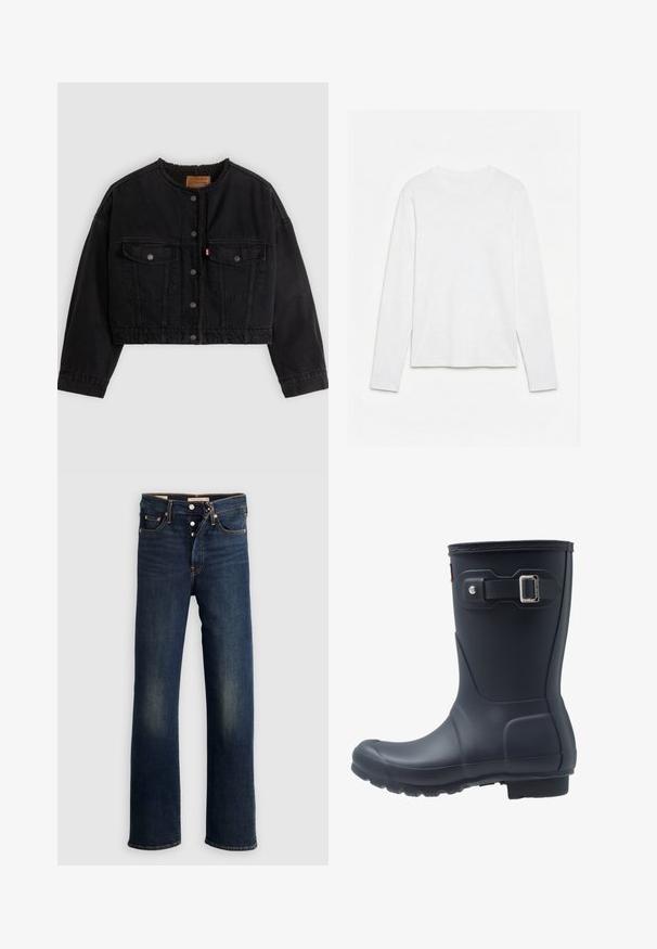 Schwarze kurze Jeansjacke mit vorderen Druckknöpfen, zwei Brusttaschen und weichem Fleecefutter, das am Kragen und an den vorderen Kanten sichtbar ist.; Schlichtes weißes Langarm-T-Shirt mit Rundhalsausschnitt, flach auf einer weißen Oberfläche liegend, Vorderseite und gesamte Ärmellänge sichtbar.; Dunkelblaue Jeans aus Denim mit geradem Bein, fünf Taschen, Knopfverschluss und dezenten Verwaschungen an den Oberschenkeln. Klassische Nahtdetails.; Schwarze Gummiregenstiefel mit runder Zehenform, strukturiierter Sohle und verstellbaren Riemendetails. Glatte Oberfläche mit matter Oberfläche.