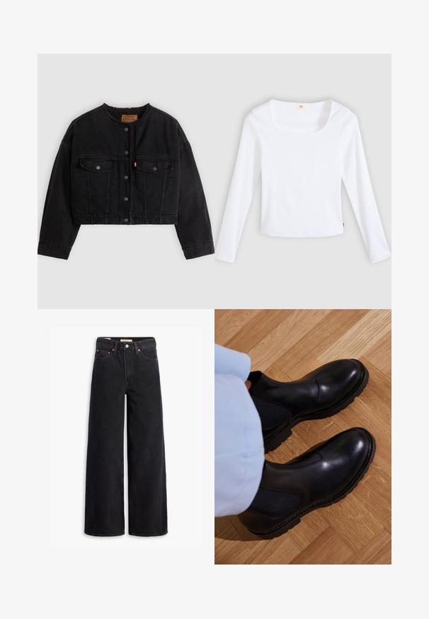 Zwarte korte spijkerjas met drukknoopsluiting aan de voorkant, twee borstzakken en een zachte fleece voering zichtbaar bij de kraag en voorranden.; Witte longsleeve t-shirt van geribbelde stof, met een vierkante halslijn en een aansluitend model, voorzien van een klein logotag aan de zijkant.; Zwarte brede jeans gemaakt van denim, met vijf zakken, koperen klinknagels en een klassieke knoopsluiting. Glad van textuur met een strakke uitstraling.; Zwarte enkellaarzen van soepel leer met elastische zijpanelen, een getextureerde rubberen zool en contrasterende stiklijnen langs de rand.