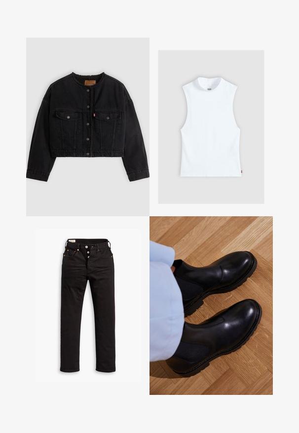 Sort cropped denimjakke med frontknapper, to brystlommer og blødt fleecefor synligt ved kraven og forkanterne.; Hvid ærmeløs bomulds top med høj rund hals og lille Levi's mærkat i siden, vist på en lys grå baggrund.; Sorte lige jeans med knaplukning, front- og baglommer samt kobbernitte detaljer på en hvid baggrund.; Sorte ankelstøvler lavet af glat læder med elastiske sidepaneler, en tekstureret gummisål og kontraststing langs kanten.