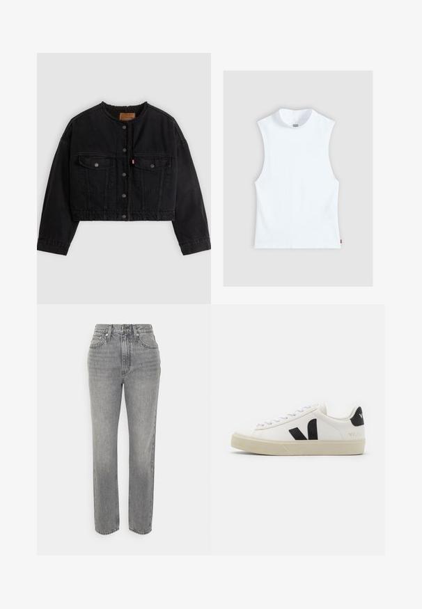 Schwarze kurze Jeansjacke mit vorderen Druckknöpfen, zwei Brusttaschen und weichem Fleecefutter, das am Kragen und an den vorderen Kanten sichtbar ist.; Weißes ärmelloses Baumwolltop mit hohem Rundhalsausschnitt und kleinem Levi's-Label an der Seite, auf hellgrauem Hintergrund dargestellt.; Hoch geschnittene, gerade Jeans in hellgrauem Denim, mit Knopfverschluss, fünf Taschen und subtilen Ausbleichungen für eine strukturierte Optik.; Weißes Leder-Sneaker mit schwarzem Gummi-V-Logo. Strukturierte cremefarbene Sohle, weiße Schnürsenkel und Fersendetail in Schwarz mit dem Markennamen.