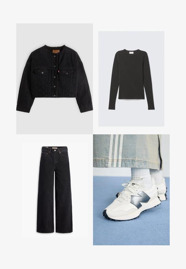 Zwarte korte spijkerjas met drukknoopsluiting aan de voorkant, twee borstzakken en een zachte fleece voering zichtbaar bij de kraag en voorranden.; Zwart T-shirt met lange mouwen en ronde hals, slim fit, plat gelegd op een lichtgrijze achtergrond.; Zwarte brede jeans gemaakt van denim, met vijf zakken, koperen klinknagels en een klassieke knoopsluiting. Glad van textuur met een strakke uitstraling.; Witte sport sneakers met een zilveren accent, textiel en glad leer; met een zwarte rubberen zool en veters.